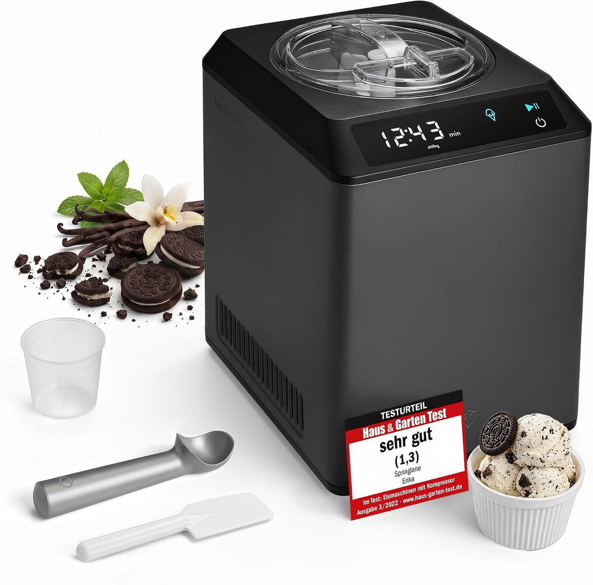 Springlane Kitchen Heladera, yogurtera 2 en 1 ERIKA con compresor de refrigeración y función de calefacción, 2, 5 l Máquina de helados y yogur en