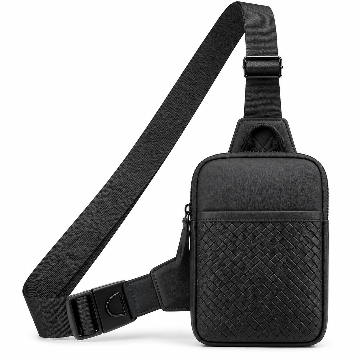 Bandolera compacta 18 x 12 x 6 cm de poliuretano negro con correa ajustable y cierre de cremallera