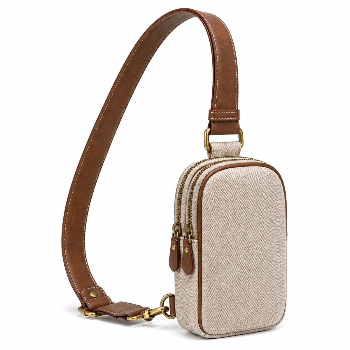 Bolso bandolera 12 x 6 x 20 cm de tejido beige y poliuretano marrón con doble cremallera