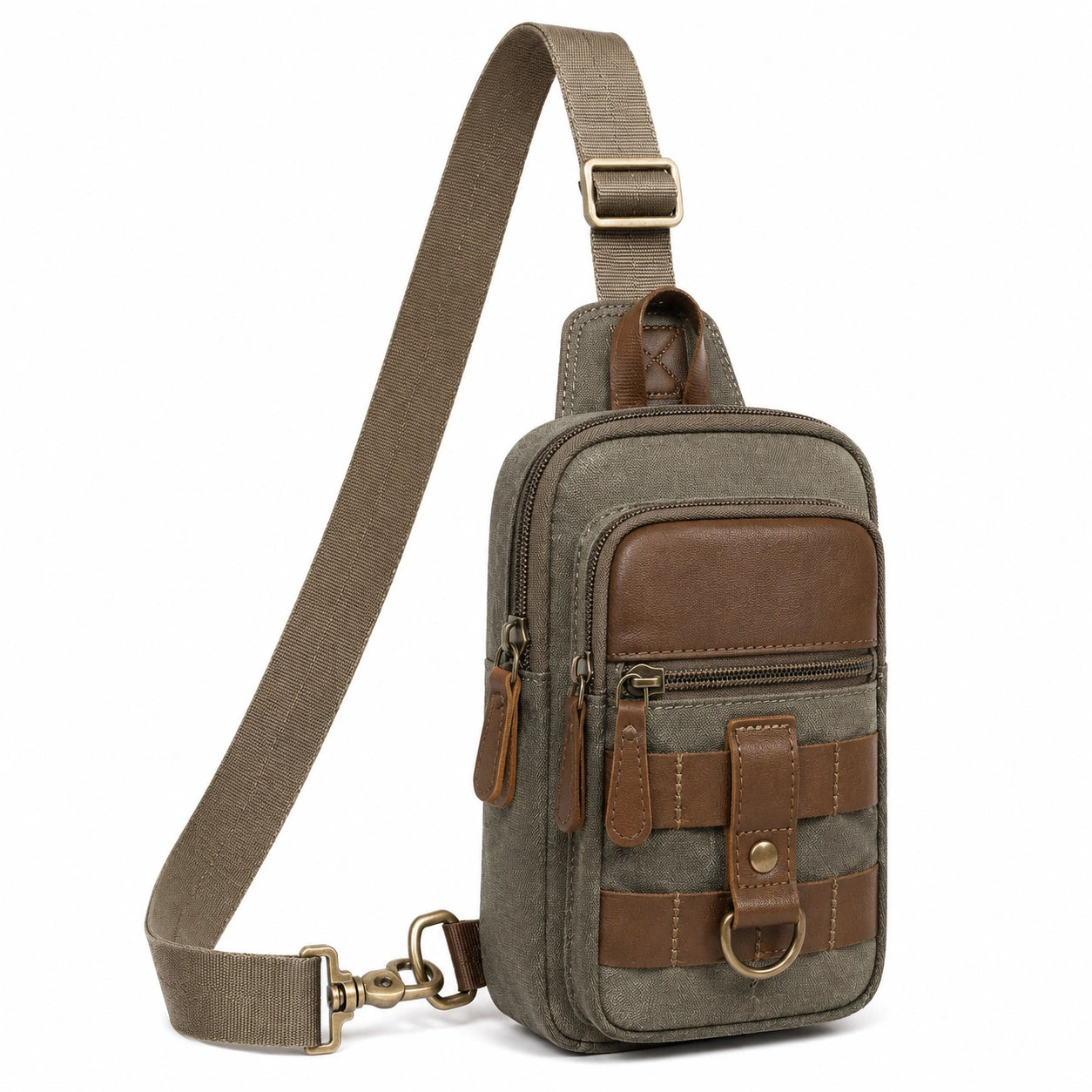 Bolso bandolera compacto 17 x 8 x 30 cm de lona verde oliva y material sintético marrón con bolsillos y correa ajustable
