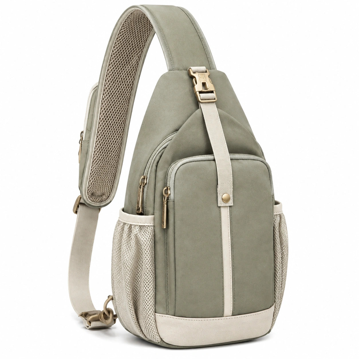 Mochila bandolera 20 x 10 x 34 cm de tejido sintético verde salvia y beige con bolsillos para uso diario