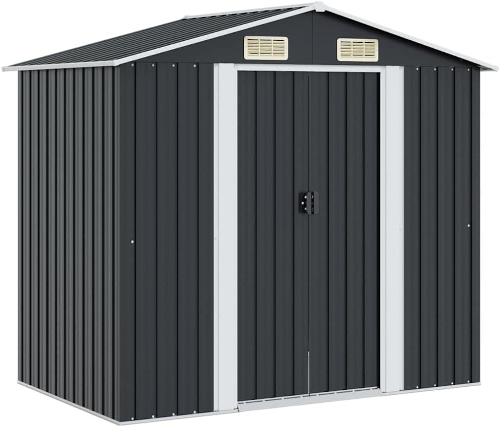 Cobertizos de almacenamiento QUAHEAS, Cobertizo de jardín antracita de acero galvanizado de 204 x 132 x 186 cm con puerta corredera, 4 orificios de
