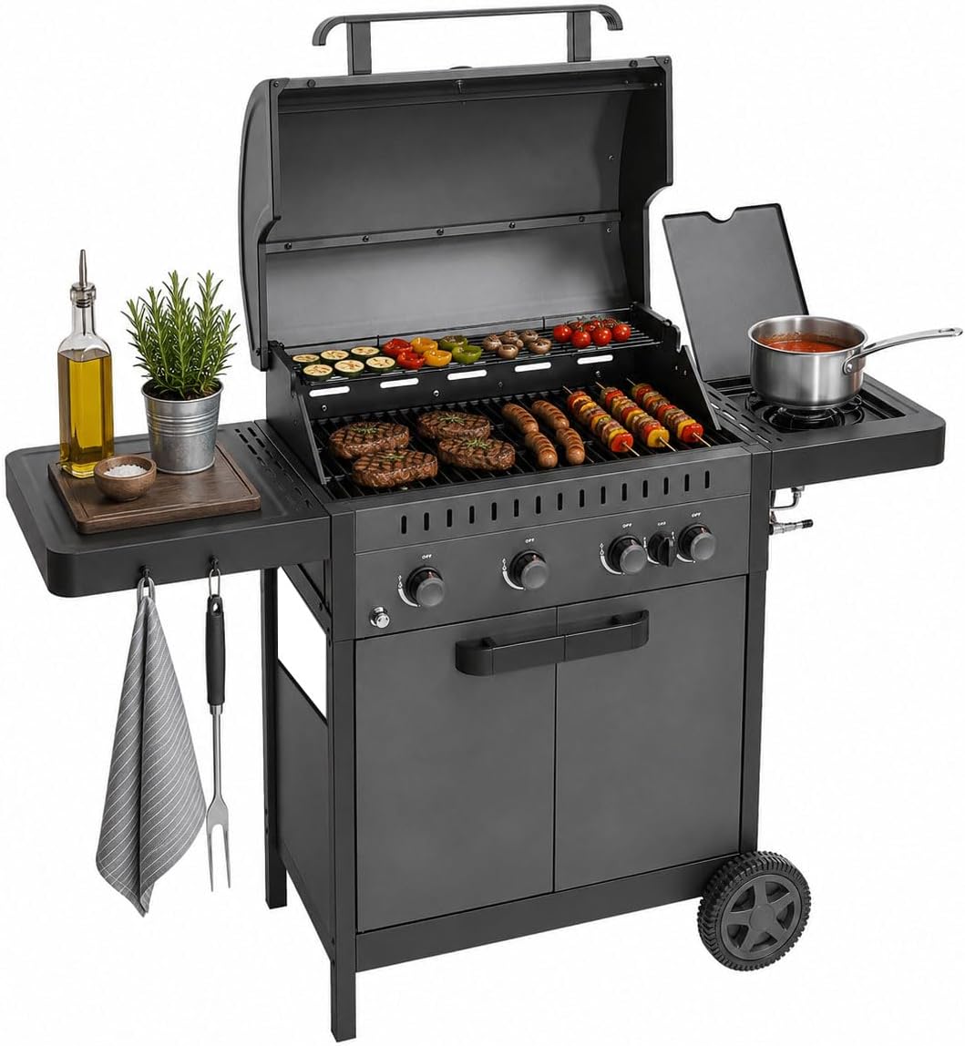 Parrillas de gas natural Amig, Barbacoa de Gas IGNIS 4+1 (4 Quemadores + 1 Lateral) - 123 x 55 x 110 cm - Superficie de Cocción 60 x 38 cm - Con