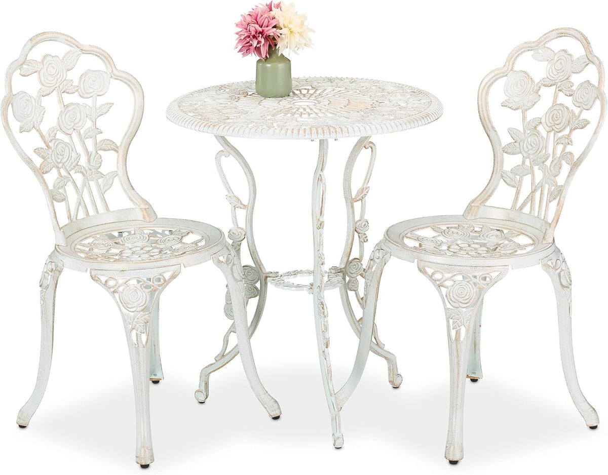 Juegos de comedor Relaxdays, Set Mesa y Sillas Jardín, Mesita Terraza con 2 Asientos, Balcón, Estilo Vintage, Aluminio, Blanco/Bronce