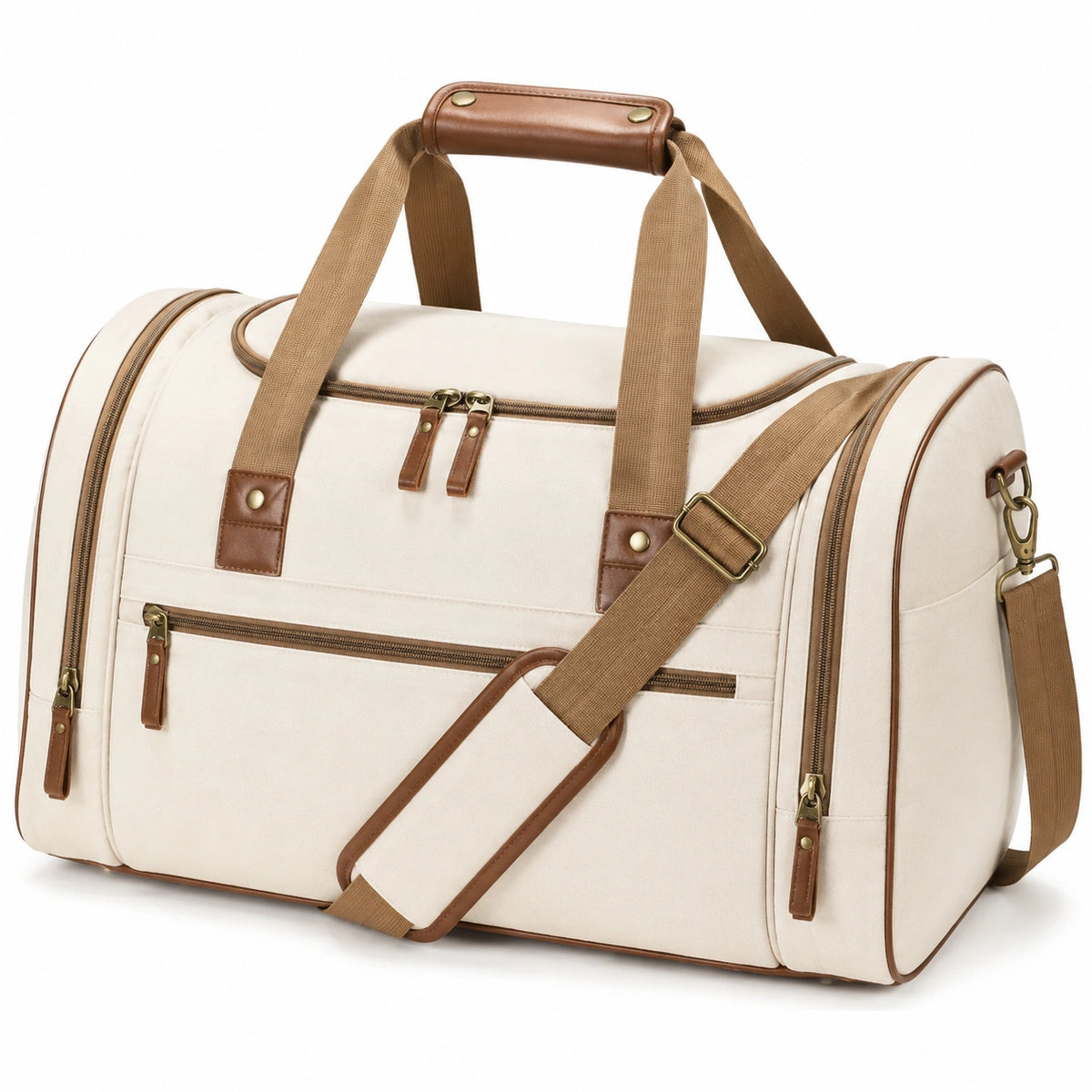 Bolsa de viaje 50 x 25 x 30 cm de lona beige y polipiel marrón con correa ajustable