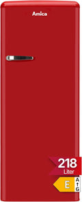 Frigorífico combi Amica, KSR 364 150 R Retro Kühlschrank mit Gefrierfach, 55 cm Breit, 218L, LED-Beleuchtung, Chile Red