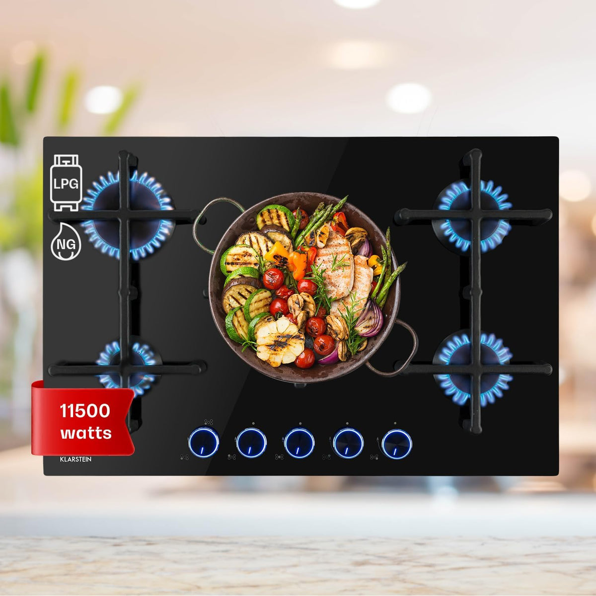 Placa de cocina de KLARSTEIN, Encimera Cocina de Gas, 5 Quemadores, Placa de Gas 11.5KW para Cocina, Cocinas de con Quemador Wok de Acero Inoxidable