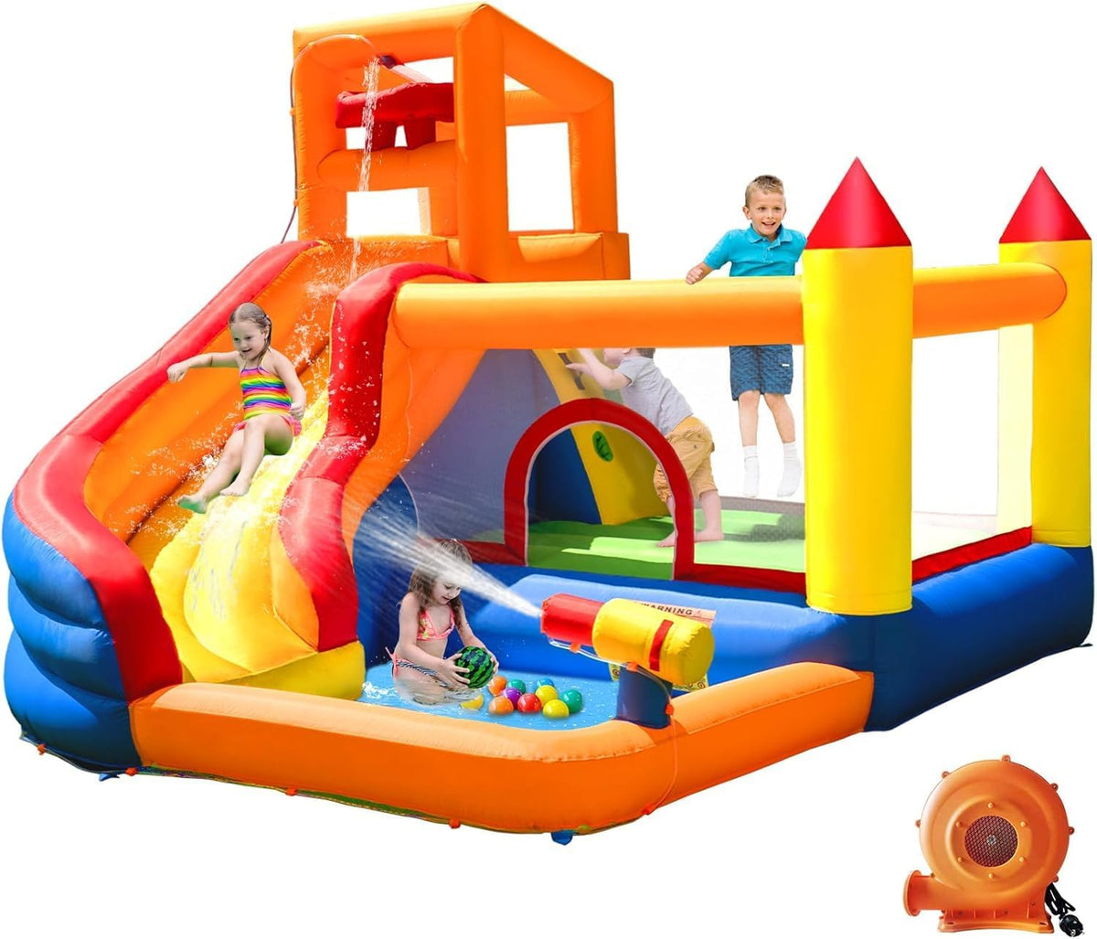 Castillos y colchonetas hinchabl Ballsea, Castillo Hinchable Grande con Ventilador, tobogán seco y de Agua, Adecuado para niños de 3 a 10 años