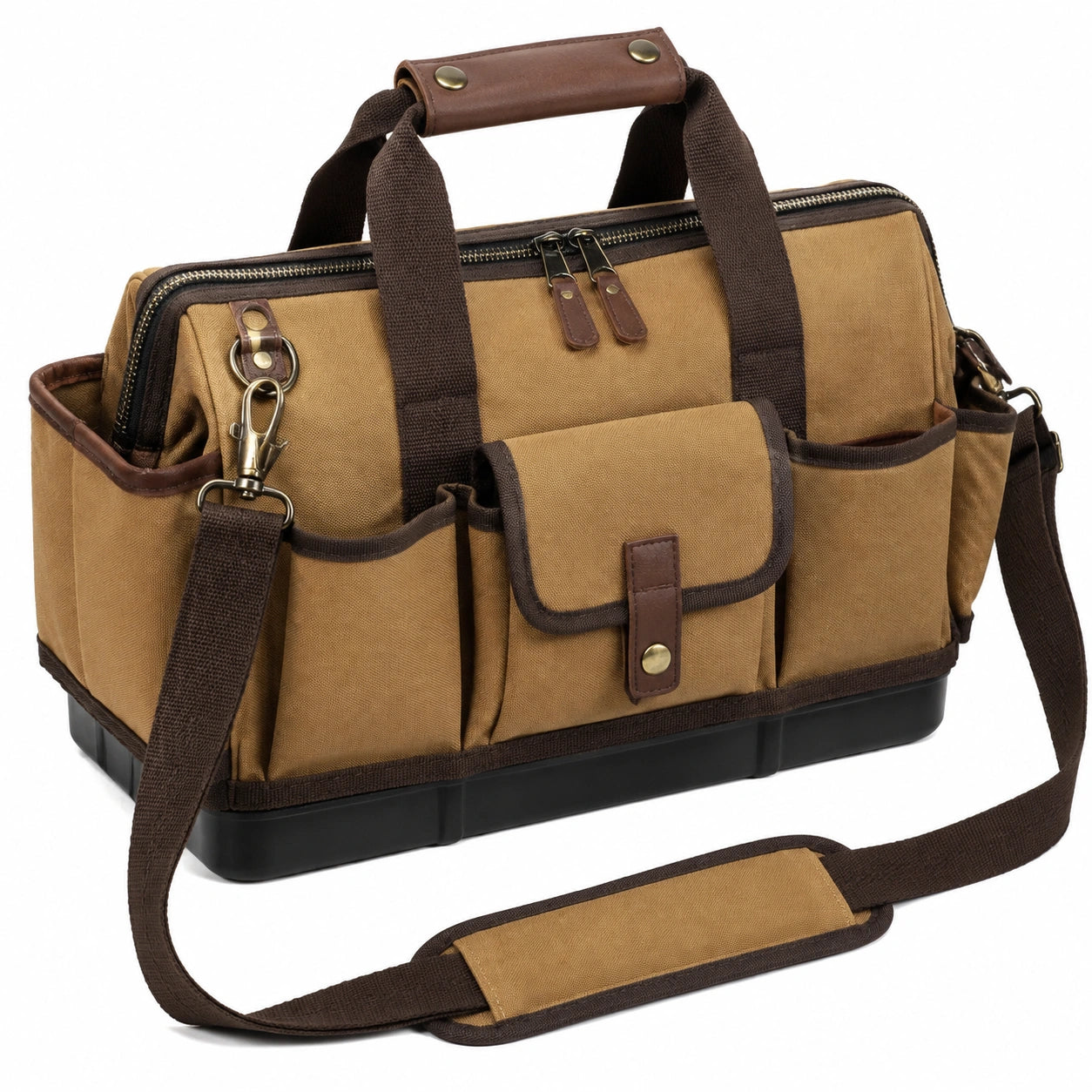 Bolsa de herramientas 40 x 22 x 28 cm de lona marrón con base rígida y correa ajustable
