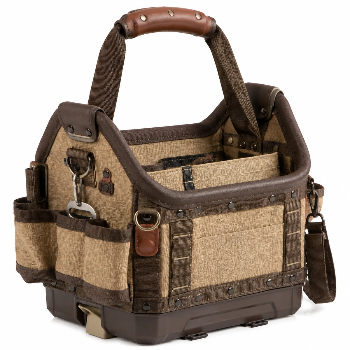 Bolsa de herramientas 40 x 23 x 33 cm de lona beige y marrón con compartimentos estilo utilitario