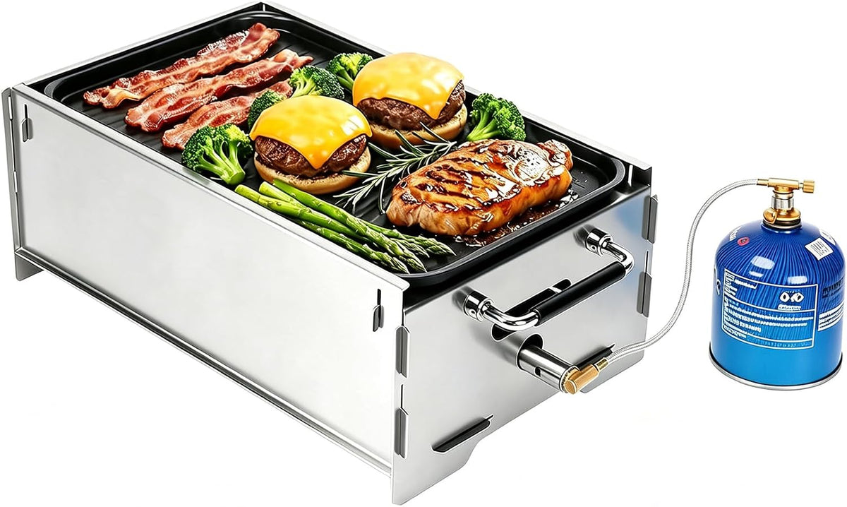 Parrillas de propano de GFTIME, Barbacoa de gas portátil, barbacoa de camping, funcionamiento de gas y carbón vegetal, incluye placa de hierro fundido