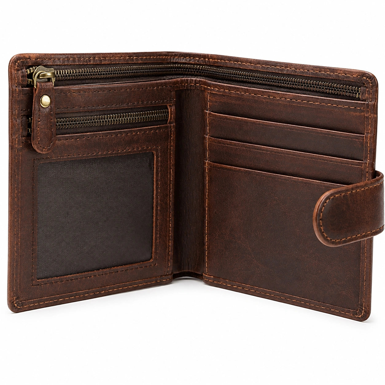 Cartera de cuero marrón 12 x 10 x 3 cm con cremallera y tarjetero
