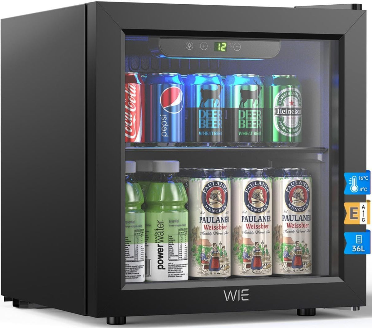 WIE Mini frigorífico, Nevera para Bebidas 36L, Mini Frigorífico Expositor 55 Latas con Puerta de Cristal, Compresor 4-16°C, No Frost, 43dB Silencioso