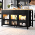 Huayz Islas de almacenamiento móvil, Isla de cocina con 3 cajones y puertas de cristal, diseño industrial, 150 x 80 x 90 cm, iluminación, patas