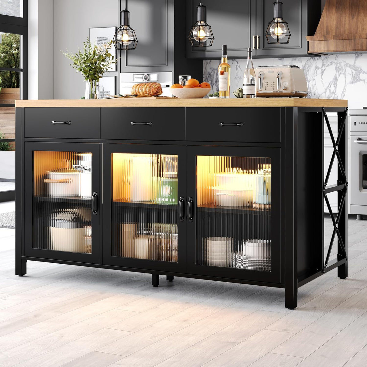 Huayz Islas de almacenamiento móvil, Isla de cocina con 3 cajones y puertas de cristal, diseño industrial, 150 x 80 x 90 cm, iluminación, patas