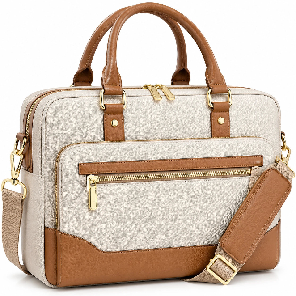 Bolso para portátil 40 cm de tejido beige y cuero sintético marrón - bandolera con bolsillos
