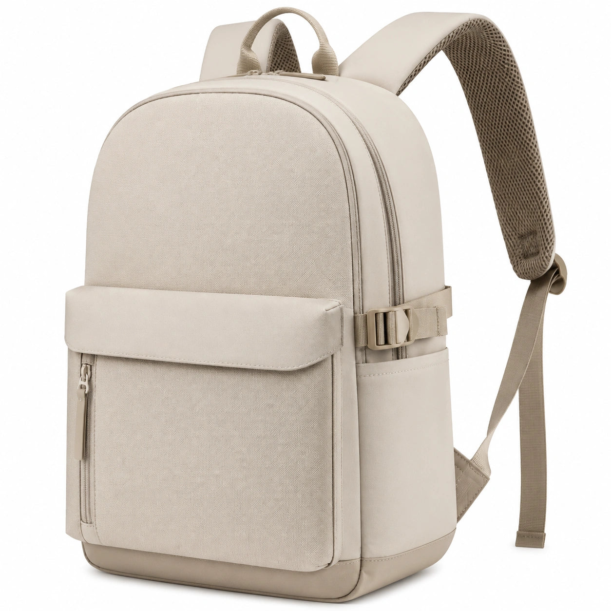 Mochila rectangular 30 x 15 x 42 cm de tejido sintético beige con compartimentos y correas acolchadas
