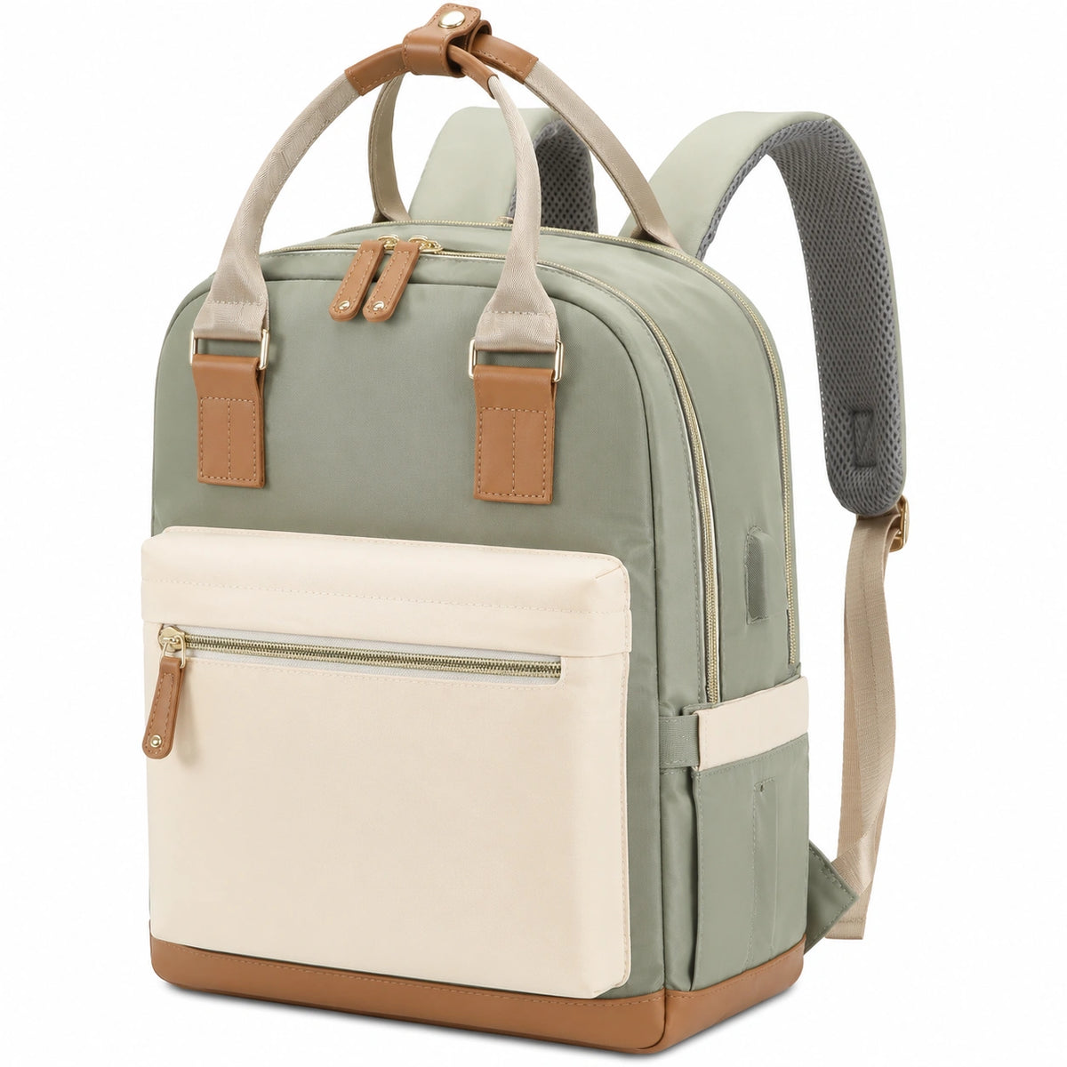 Mochila rectangular 40 x 30 x 18 cm de tejido verde y beige con bolsillos y asas
