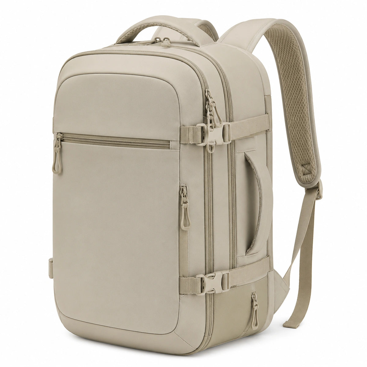 Mochila de viaje 45 x 30 x 20 cm de poliéster beige con compartimentos y correas de compresión