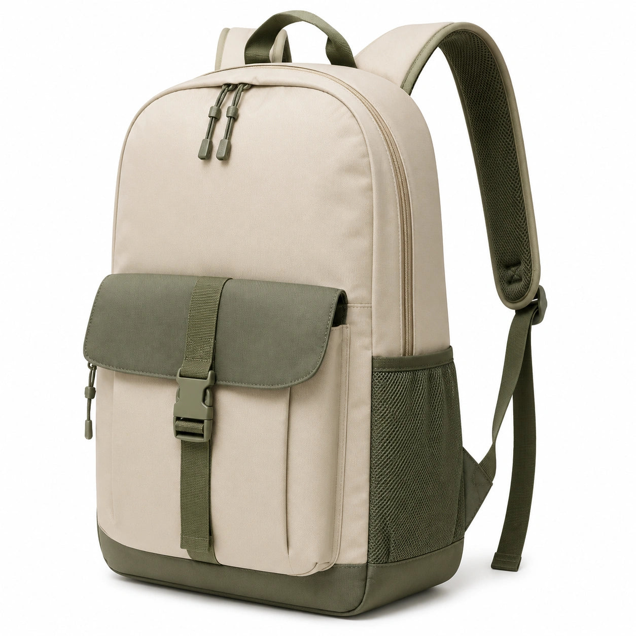 Mochila 30 x 16 x 42 cm de tejido sintético beige y verde con bolsillos para uso diario