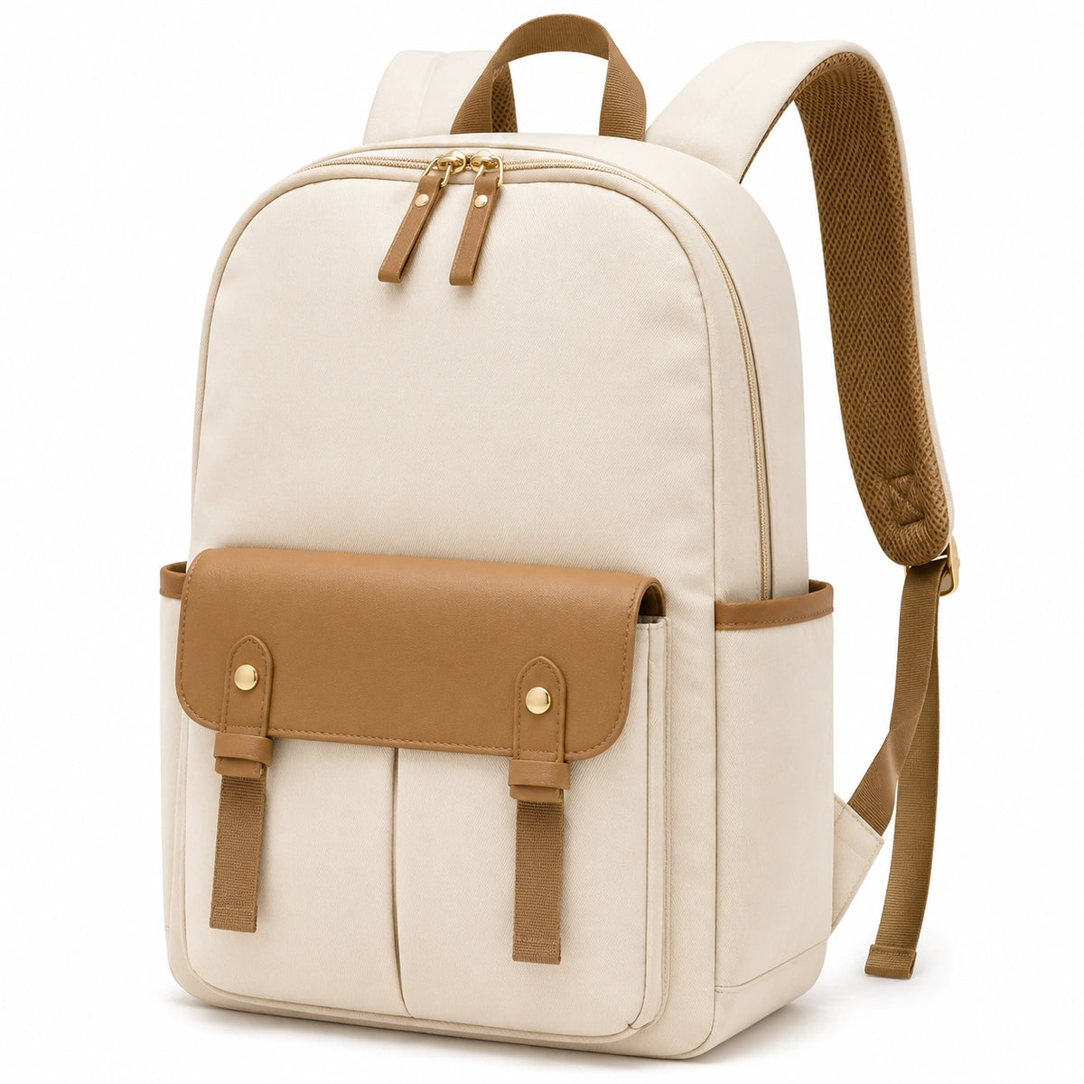 Mochila 30 x 14 x 40 cm de tejido beige con detalles marrones para uso diario