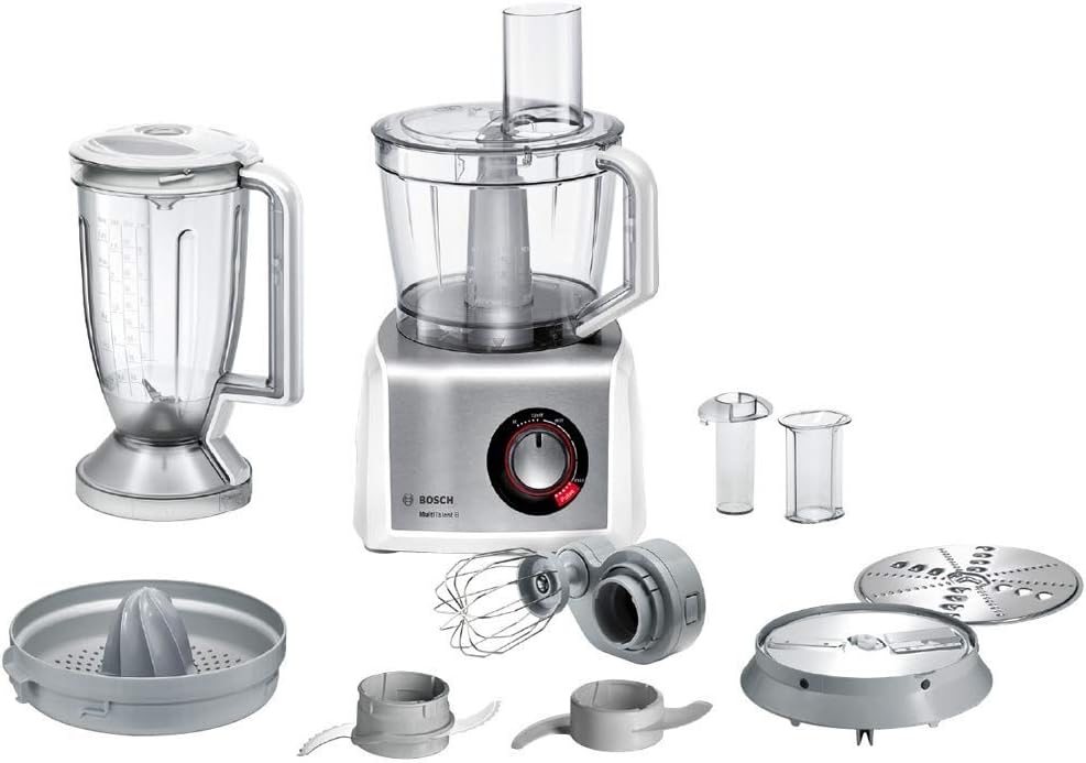 Robots de cocina Bosch - Procesador de alimentos MultiTalent 8, 1250 W, 3.9 litros de capacidad, Multi-accesorios, Blanco, Acero inoxidable, MC812S820