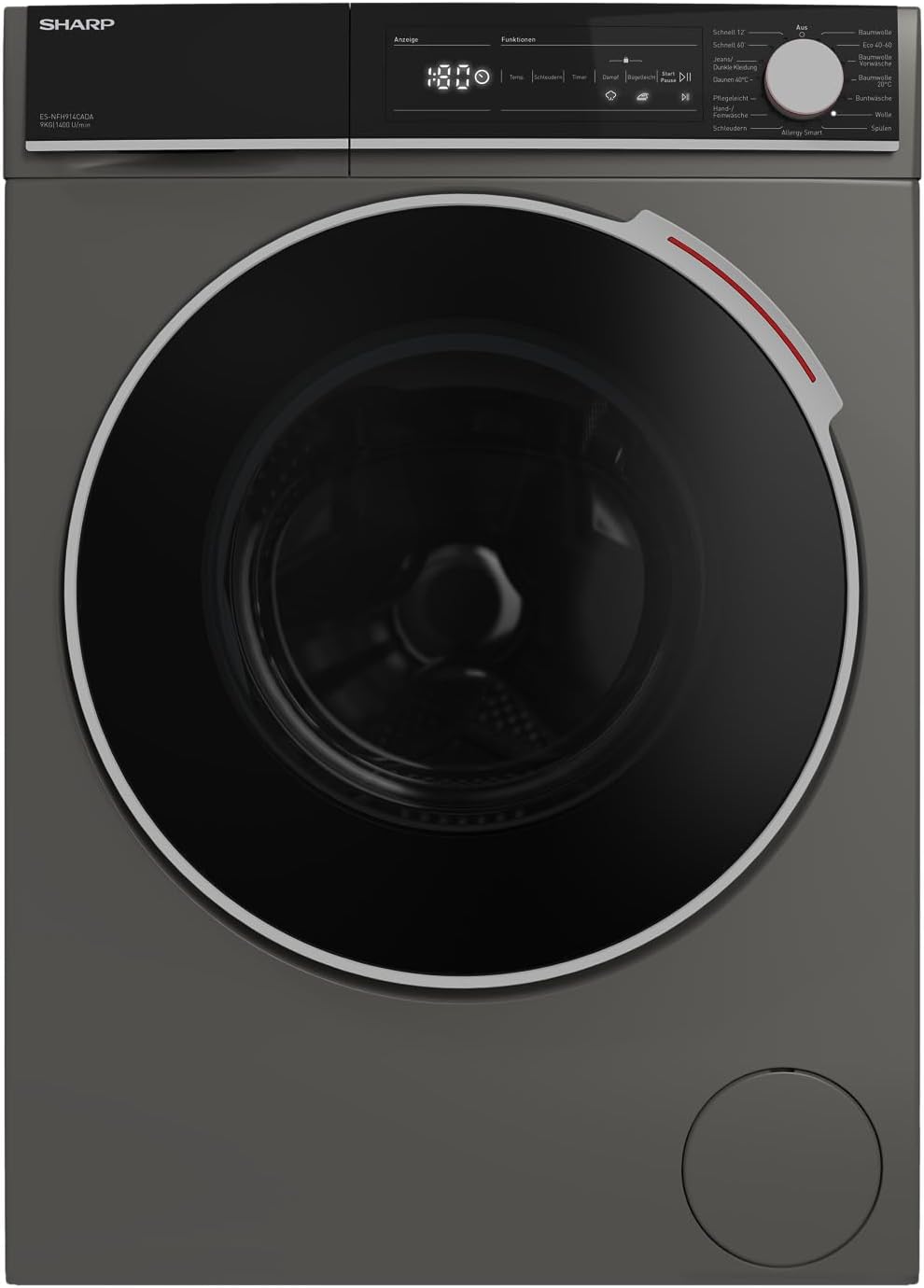 Lavadora Sharp, ES-NFH914CADA-DE Lavadora, cargador frontal, 9 kg/A (A a G), 1400 rpm, motor inversor aprobado, 15 programas, función de vapor