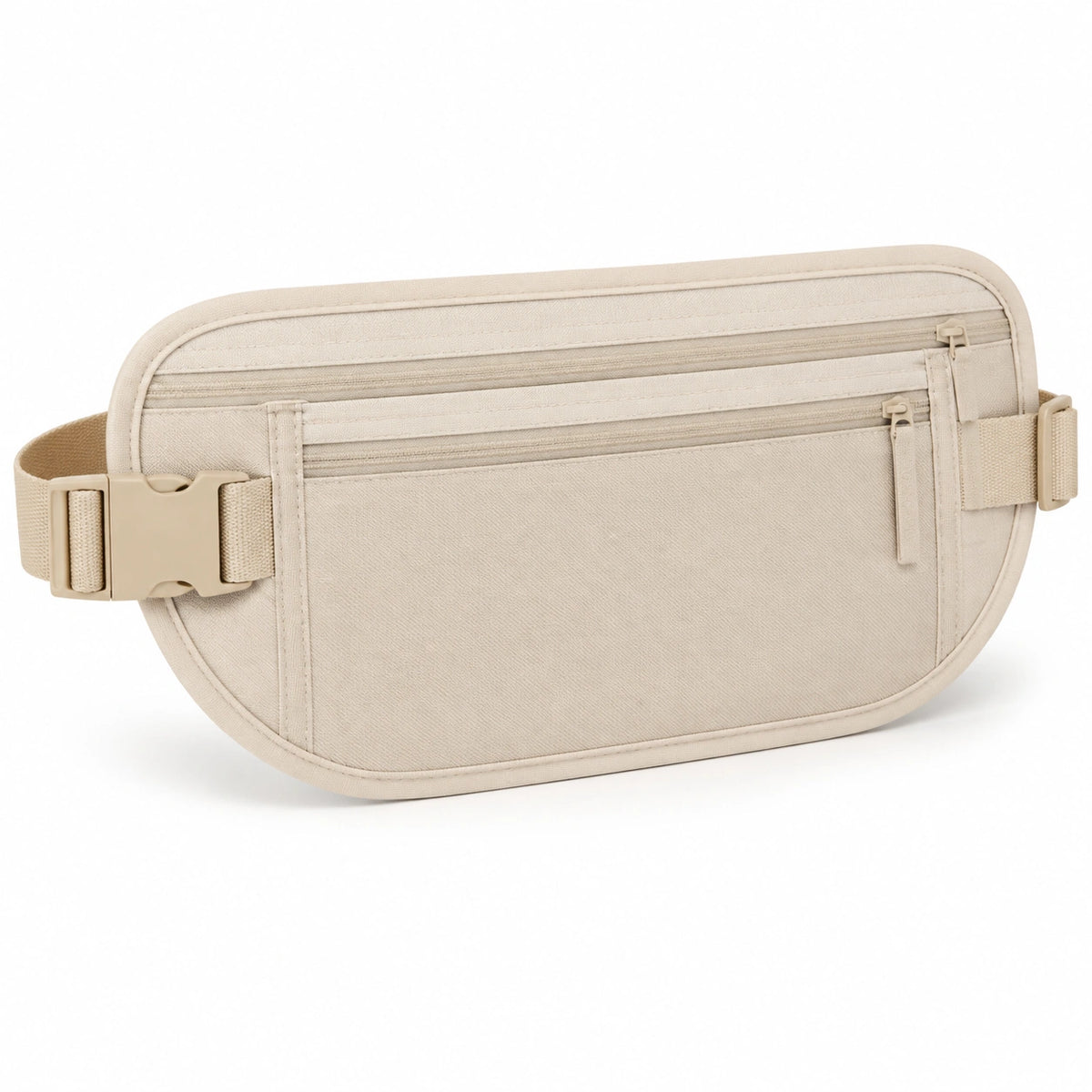 Riñonera compacta de tejido beige con bolsillos con cremallera y correa ajustable