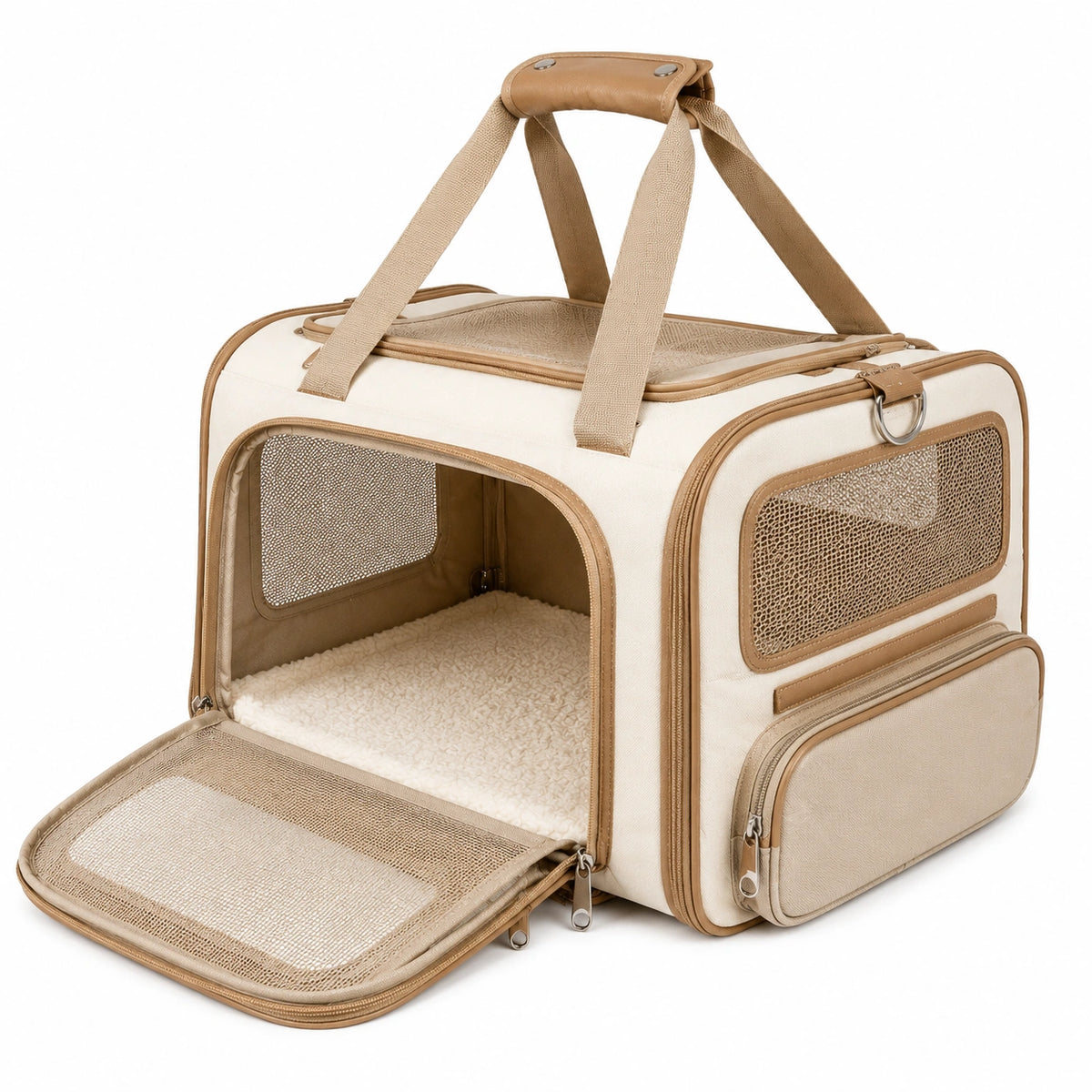 Transportín para mascotas 45 x 28 x 30 cm de tela beige con malla y bolsillos - plegable y ventilado