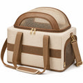 Transportín para mascotas 45 x 30 x 32 cm de tela beige y marrón con malla transpirable y correa ajustable