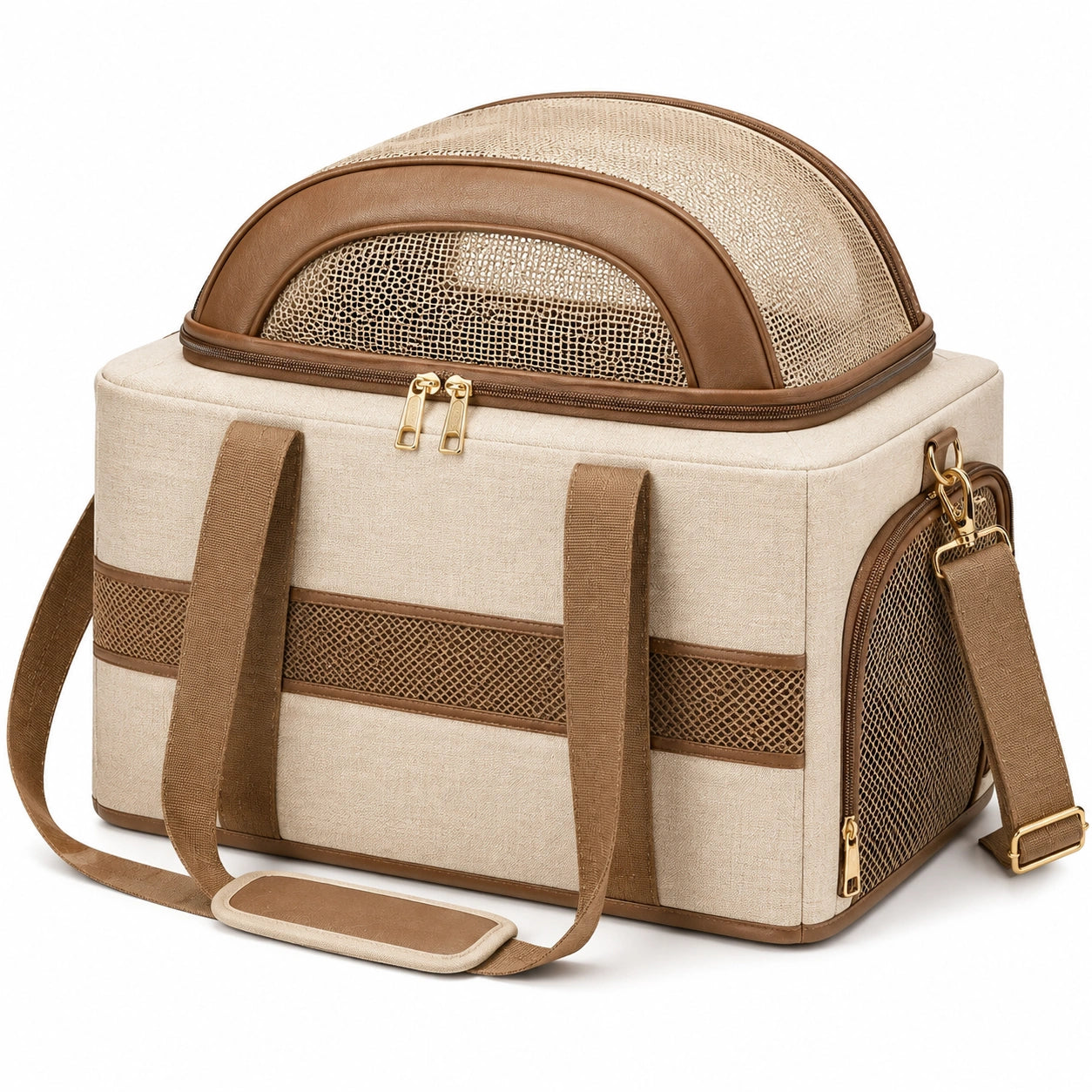 Transportín para mascotas 45 x 30 x 32 cm de tela beige y marrón con malla transpirable y correa ajustable