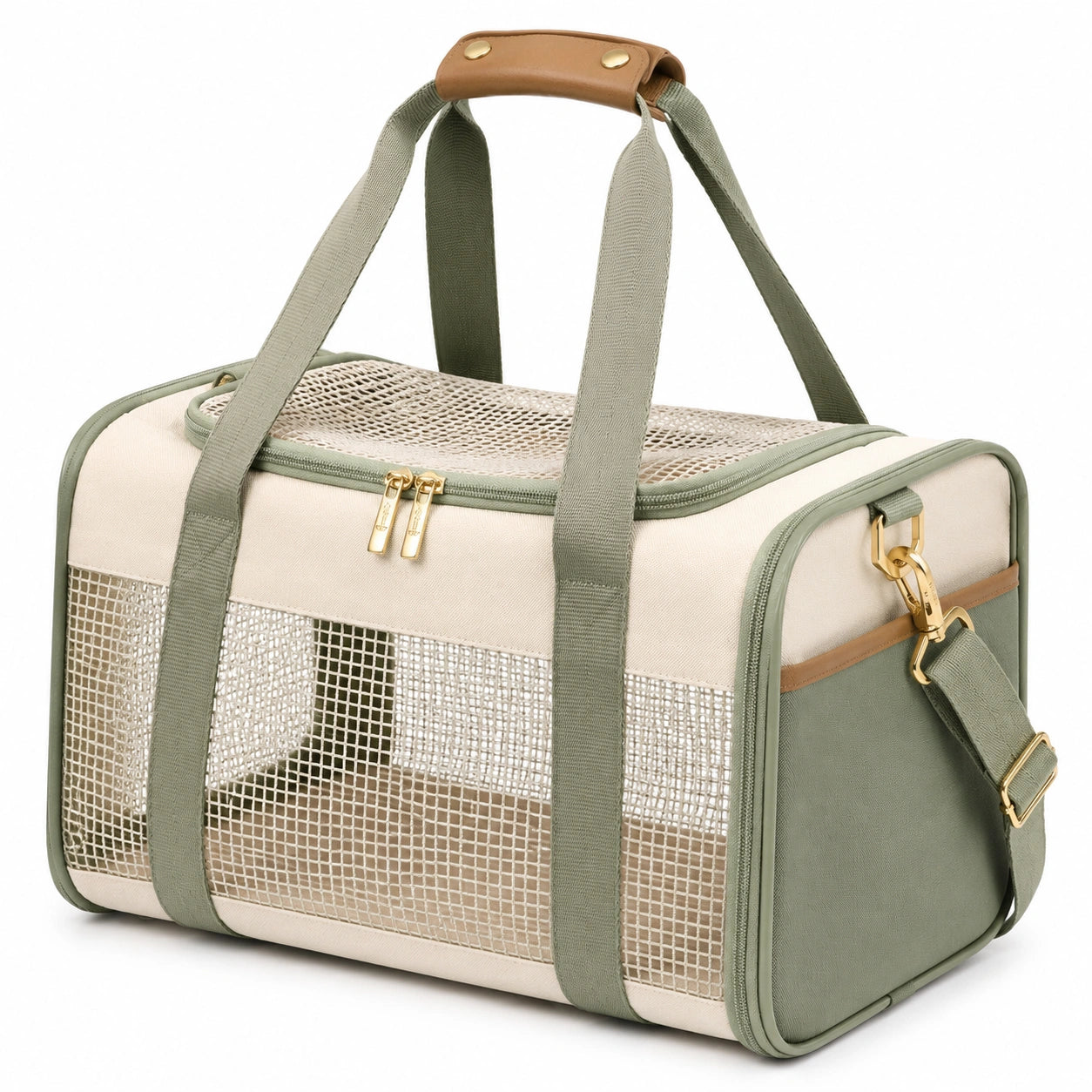Transportín para mascotas 45 x 28 x 30 cm de tejido beige y verde con malla ventilada