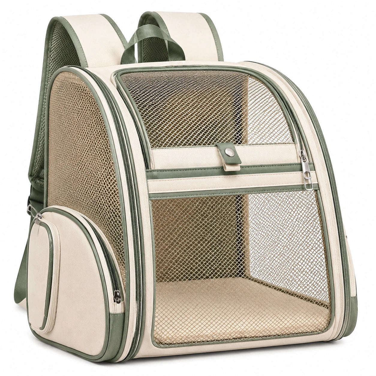 Mochila transportadora para mascotas 42 x 30 x 45 cm de tejido y malla beige/verde con ventilación
