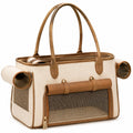 Bolso transportín para mascotas 40 x 25 x 30 cm de lona beige y piel sintética marrón con malla transpirable