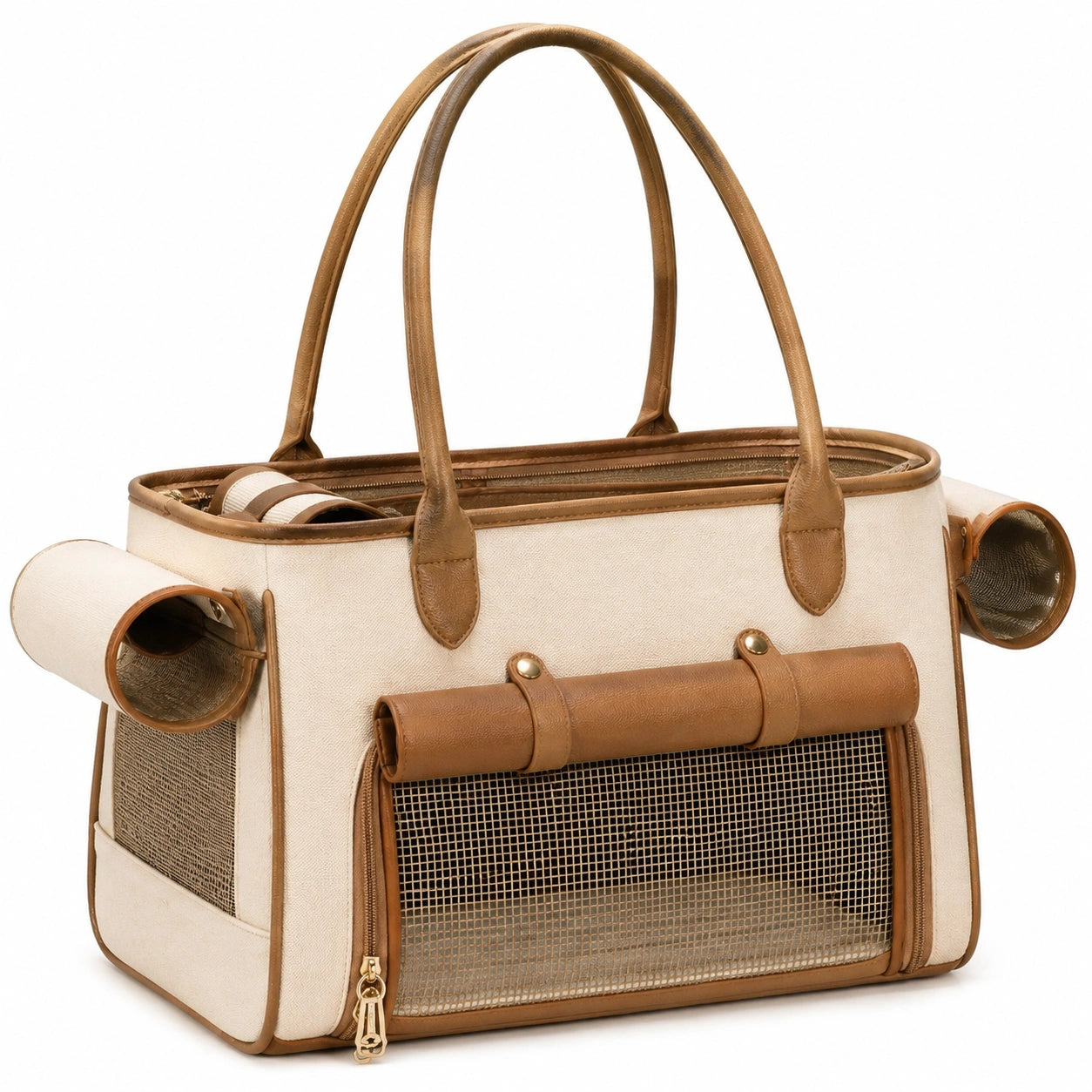 Bolso transportín para mascotas 40 x 25 x 30 cm de lona beige y piel sintética marrón con malla transpirable