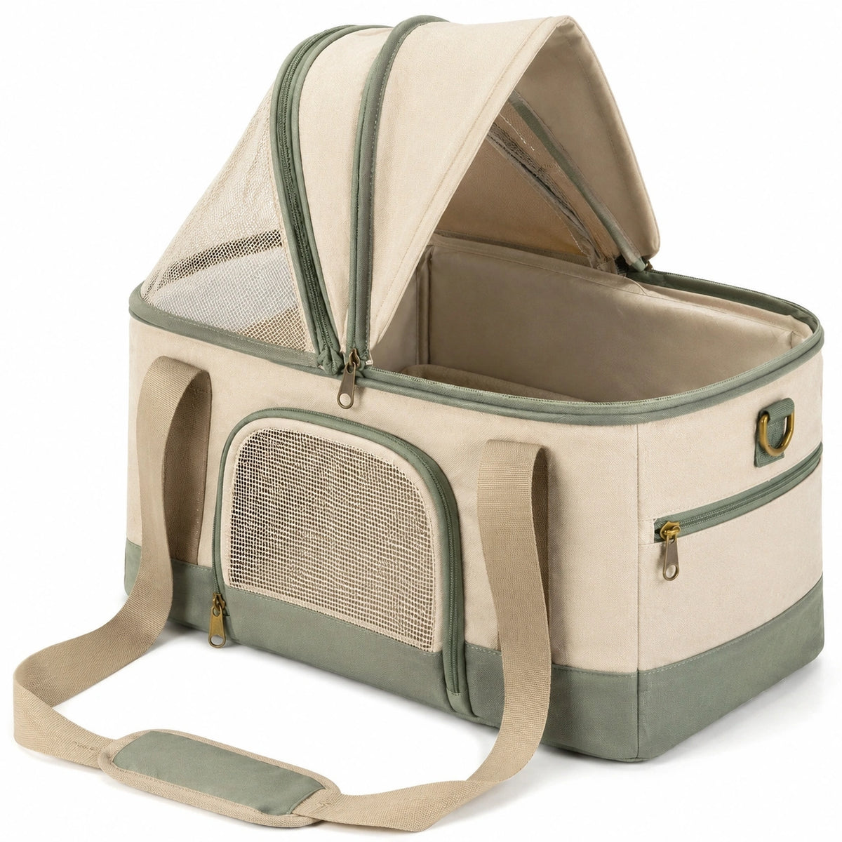 Transportín para mascotas 45 x 28 x 30 cm de poliéster beige y verde con malla ventilada