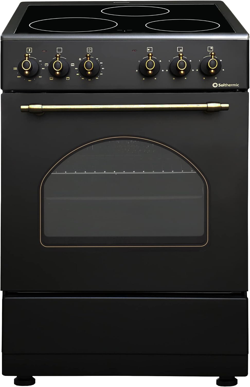 SOLTHERMIC VTC50NEGRA Cocina independiente, COCINA VITROCERÁMICA CON HORNO ELECTRICO SOLTHERMIC NEGRA RÚSTICA ACABADOS DORADOS/50 CM ancho, 3