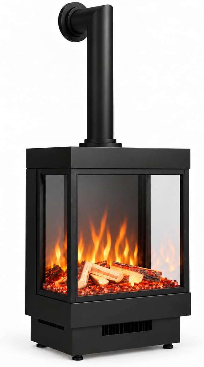 Chemin'Arte Chimenea eléctrica, Majestic con Tubo Decorativo, Efecto de Llama LED 3D 180°, 10 Colores, Troncos Decorativos y Cristales, Negro