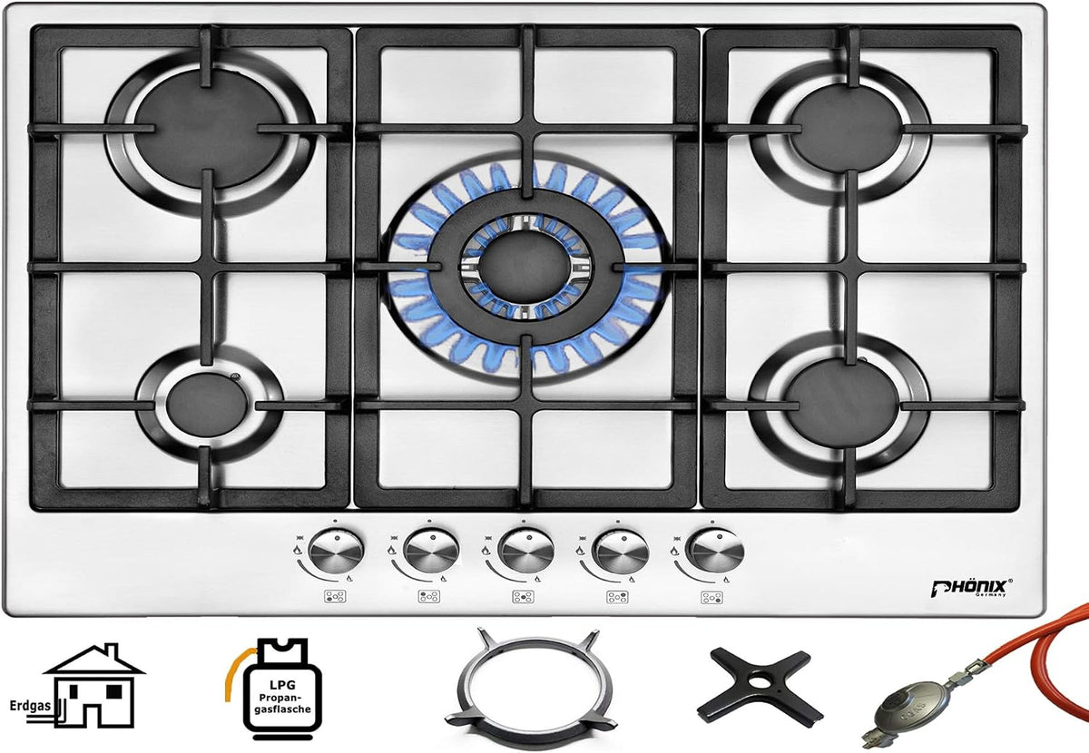 Placa de cocina Phönix PS-901T - Cocina de gas de acero inoxidable, 90 cm, cocina de gas de 5 llamas, autosuficiente, Phönix Germany