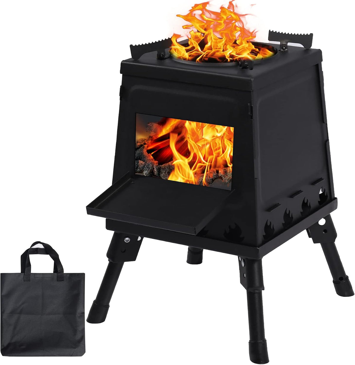 Hornillos de acampada Estufa de Leña Portátil de Hierro Fundido para Camping, Negra Con Funda de Transporte para Mochileros, Cocina Al Aire Libre