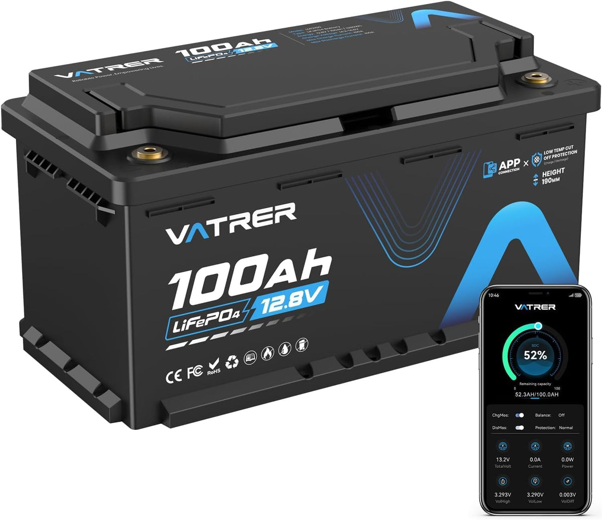100A de VATRER POWER, baterías de ciclo profundo, 12V h LiFePO4 Bluetooth DIN H8 BMS 100A