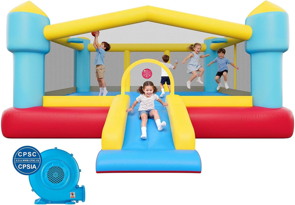VEVOR Castillos y colchonetas hinchabl, Castillo Hinchable con Soplador 448 x 420 x 207 cm, Parque Infantil Inflable con Tobogán, Aro de Baloncesto