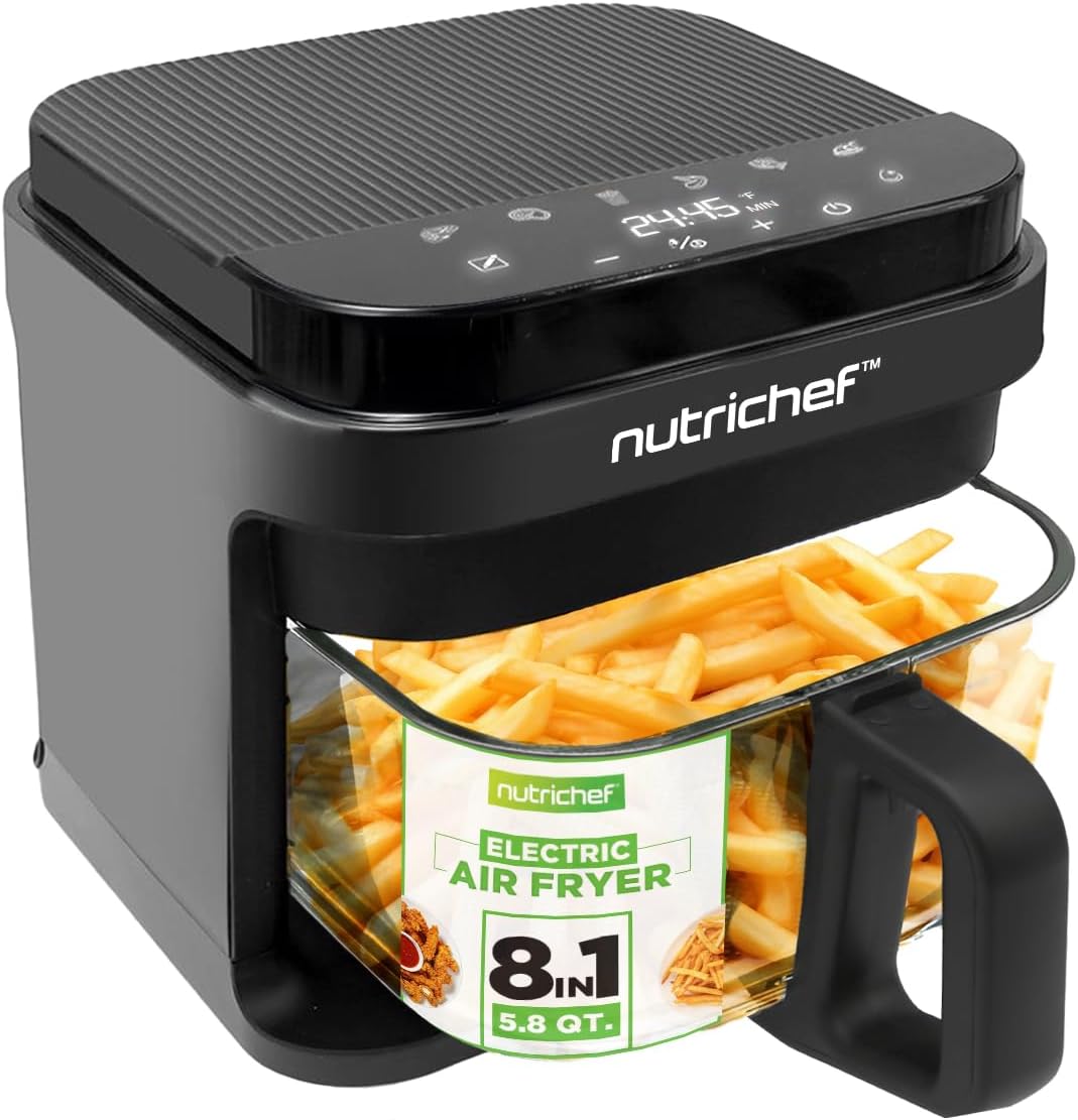 Freidora de aire Nutrichef, Airfryer, horno digital sin aceite con cesta o tazón transparente, control preciso de tiempo y temperatura, perfecto para
