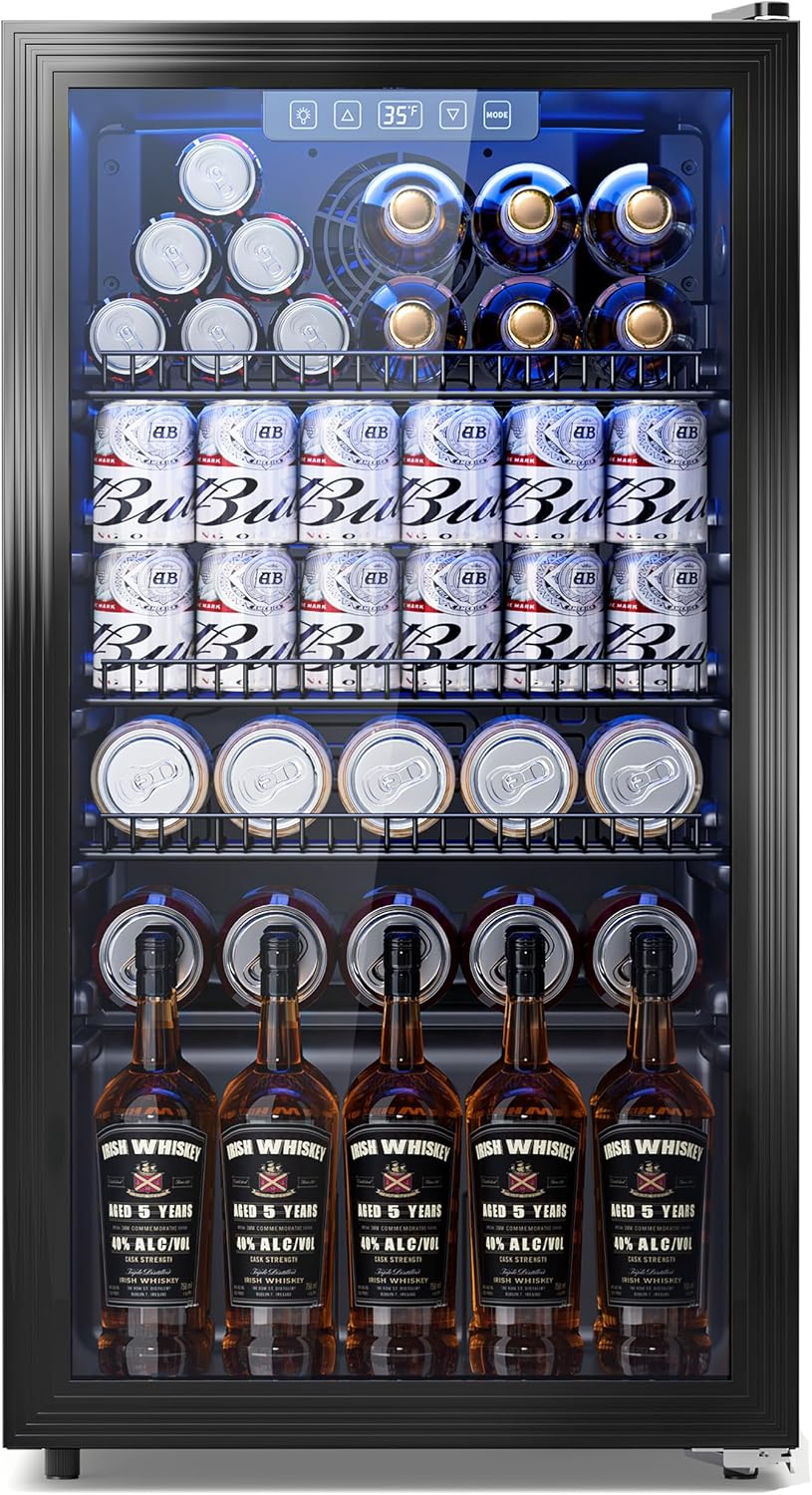 Mini frigorífico Tehanld, Nevera para bebidas, mini refrigerador de 130 latas con puerta de vidrio, refrigerador de bebidas, enfriador de cerveza para