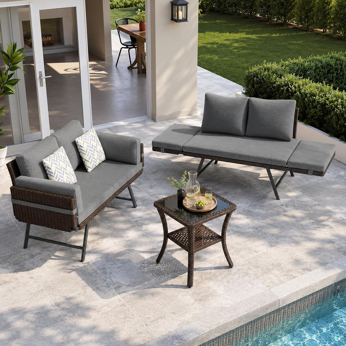 Sofá Fiutazge, Set de 2 Sofá de Jardín de Rattan + 1 Mesa, 2 Plazas con Reposabrazos Ajustables, Convertible en Cama de Día, Sofa Terraza Exterior con