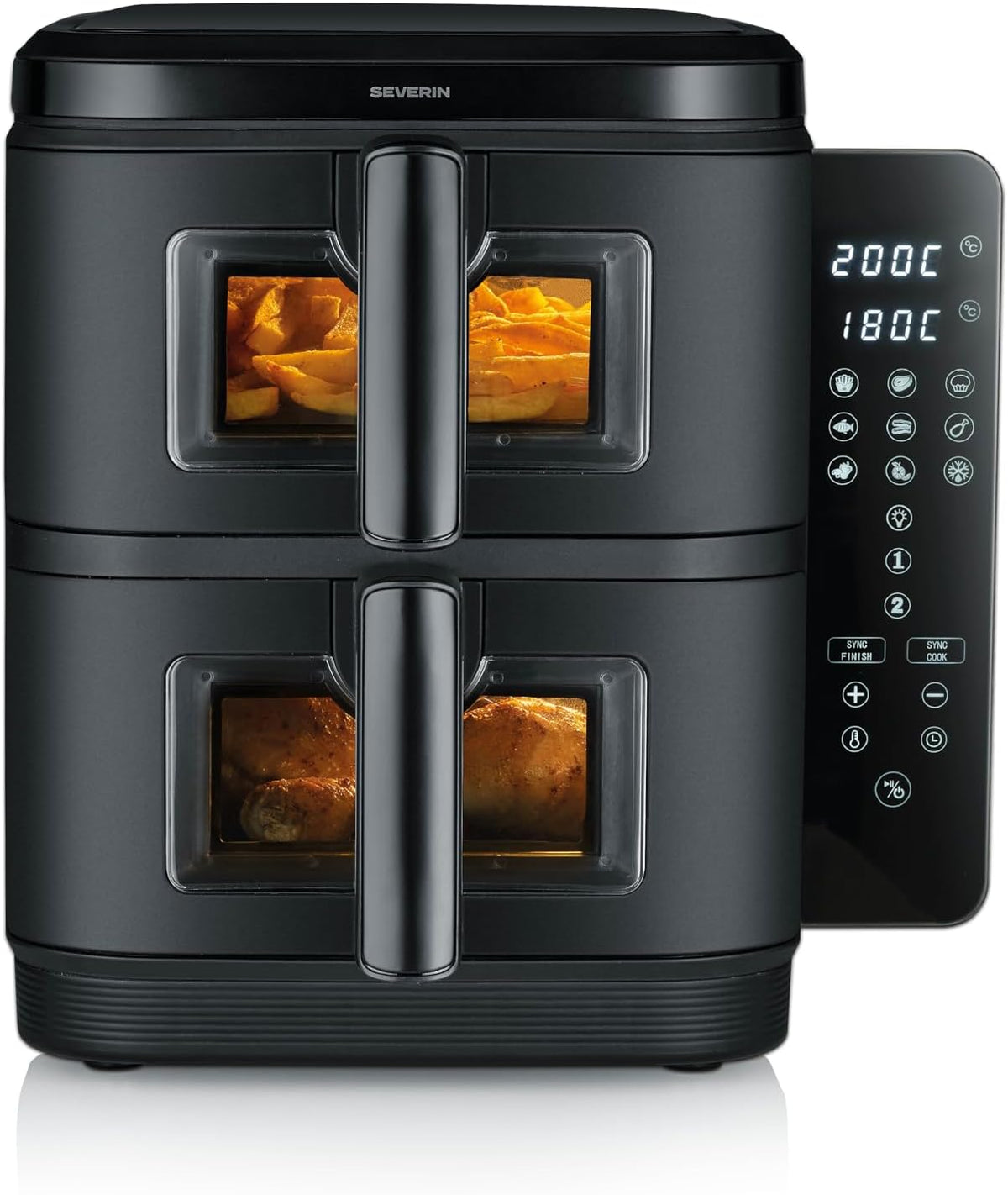 Freidora de aire de Severin, Duo Stack Freidora de aire caliente con 2 cestas de 5, 5 litros cada una, cocina saludable, 9 programas automáticos