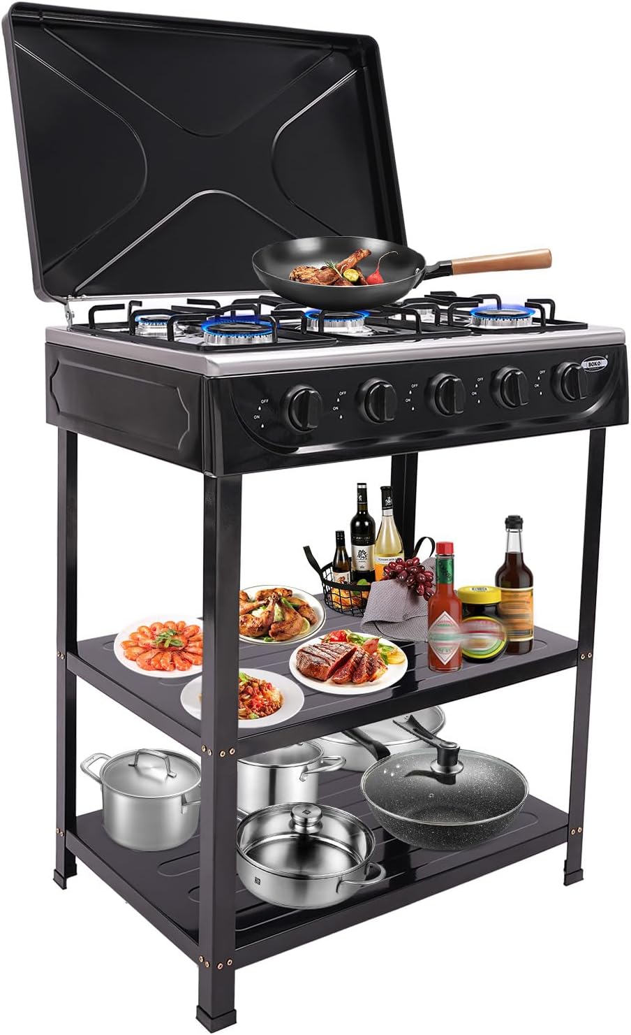 Placa de cocina de Levkitch, Encimera de gas de 5 fuegos, NG/LPG Cocina de gas con tapa y estante, Cocina de gas natural con 5 quemadores, Cocina de