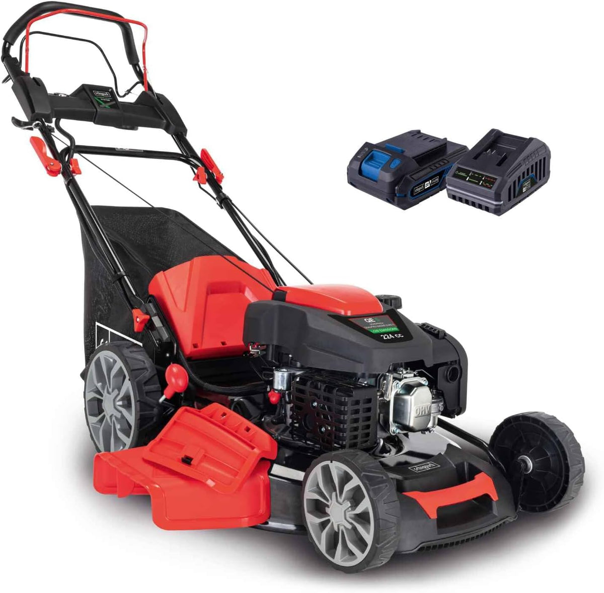 MS225-56E de Scheppach, recortadoras de cable, Cortacésped de gasolina autopropulsado, 224 cc 6 HP, corte de 56 cm, altura de 25-75 mm, bolsa de 65 L
