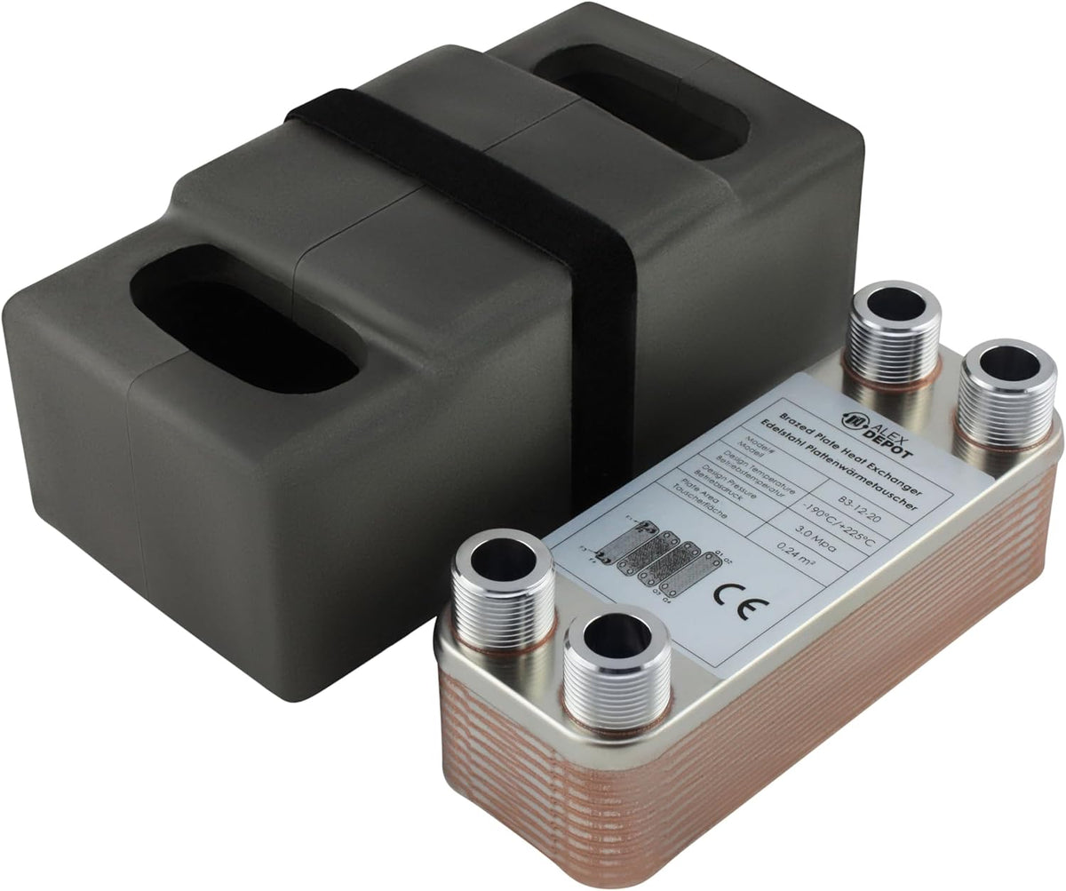 alex-depot B3-12-20 Calefacción solar, Intercambiador de calor de placas de acero inoxidable + aislamiento con conexión de 4x3/4 pulgadas. Calefacción