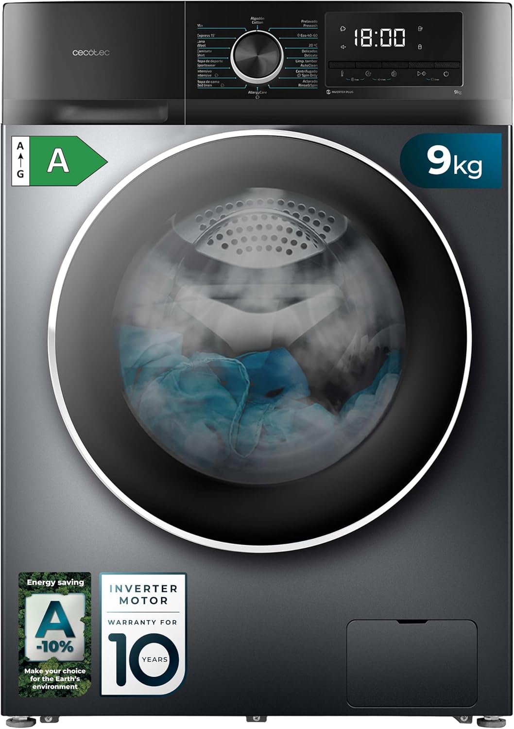 Lavadora Cecotec, 9Kg Carga Frontal Bolero Dresscode 9500 Inverter Steel A
